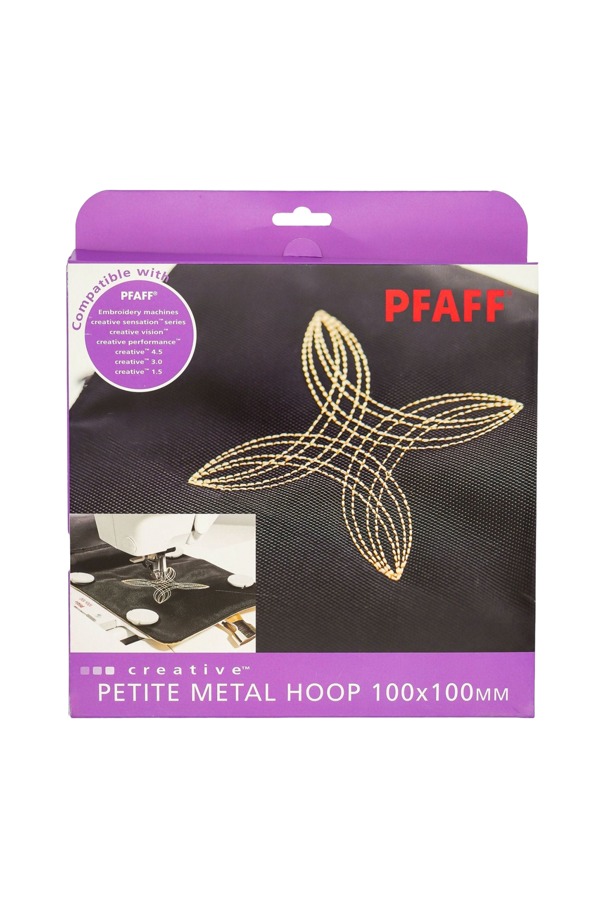 PFAFF creative Petite Metal Hoop Magnetstickrahmen 100 × 100 mm in vollständiger Originalverpackung mit aufgedruckter Stickanwendung