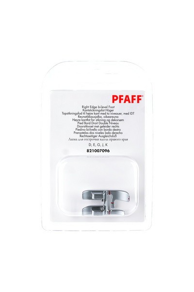 PFAFF Rechtsseitiger Ausgleichsfuß für IDT-System J K L in vollständiger Originalverpackung von vorne mit sichtbarem Nähfuß
