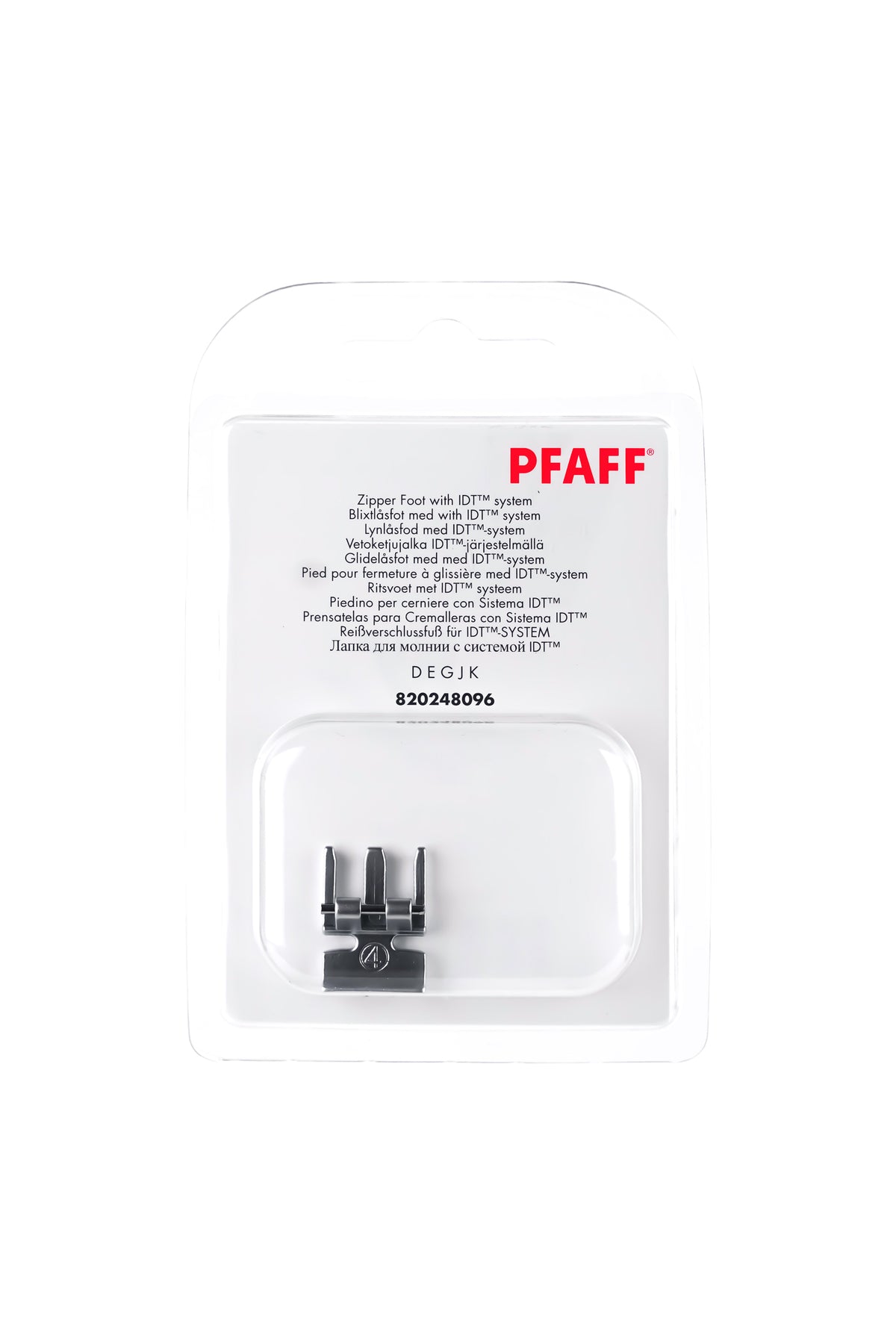 PFAFF Zipper foot for the IDT System J K L in its original, complete packaging, with the presser foot visible from the front