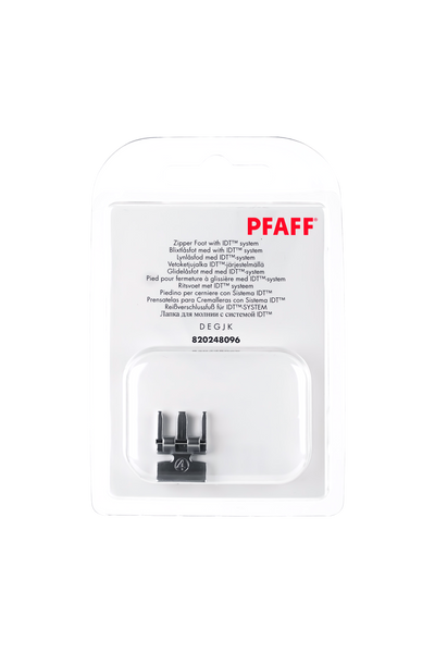 PFAFF Reißverschlussfuß für IDT-System J K L in vollständiger Originalverpackung von vorne mit sichtbarem Nähfuß