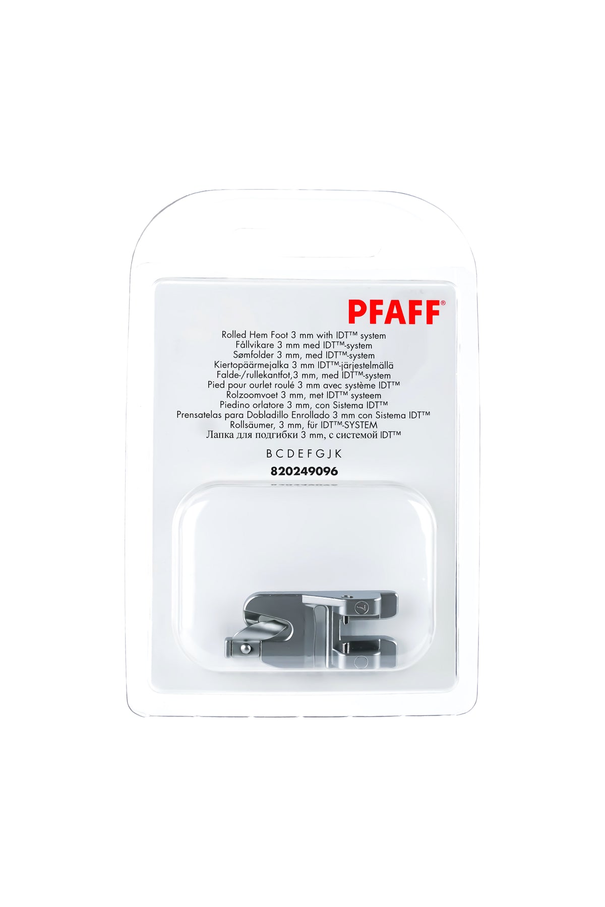 PFAFF Rollsäumer 3 mm in vollständiger Originalverpackung von vorne mit sichtbarem Nähfuß