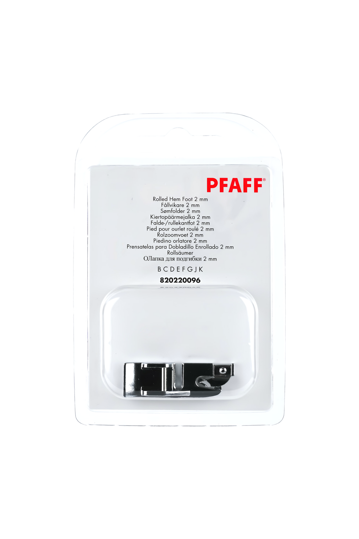 PFAFF Rollsäumer 2 mm in vollständiger Originalverpackung von vorne mit sichtbarem Nähfuß