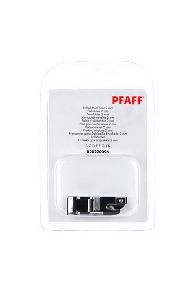 PFAFF Rollsäumer 2 mm in vollständiger Originalverpackung von vorne mit sichtbarem Nähfuß
