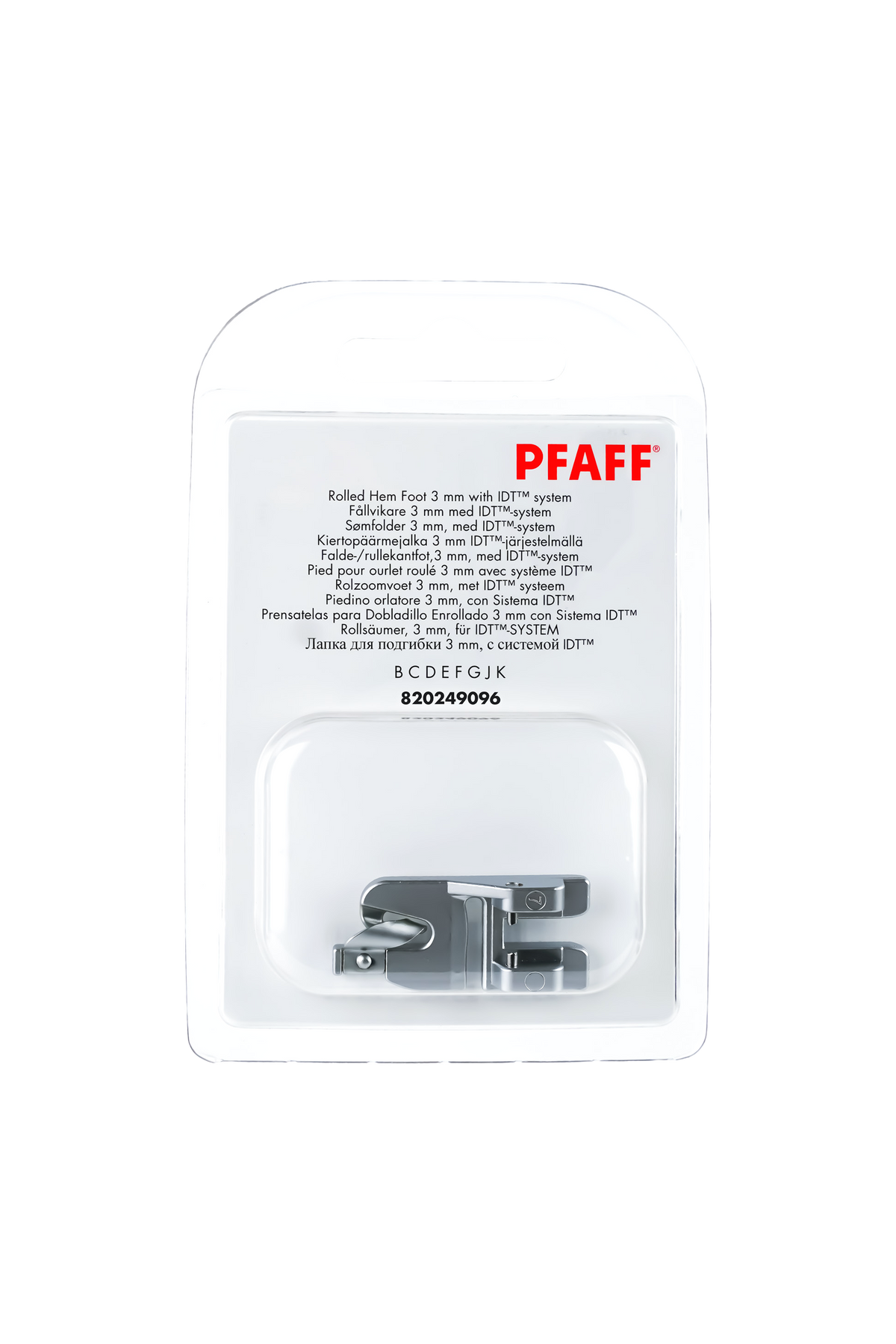 PFAFF Rollsäumer 3 mm in vollständiger Originalverpackung von vorne mit sichtbarem Nähfuß