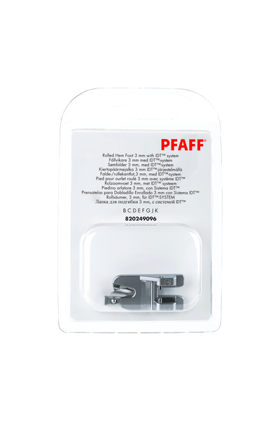 PFAFF Rollsäumer 3 mm in vollständiger Originalverpackung von vorne mit sichtbarem Nähfuß