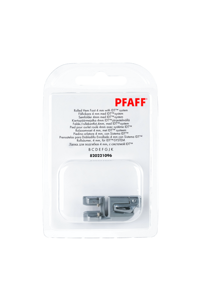 PFAFF Rollsäumer 4 mm in vollständiger Originalverpackung von vorne mit sichtbarem Nähfuß
