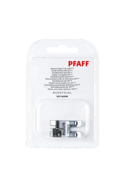 PFAFF Narrow-edge presser foot for the IDT System J K L, in its original, complete packaging, with the presser foot visible from the front