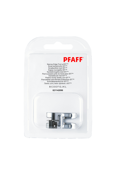 PFAFF Schmalkantenfuß für IDT-System J K L in vollständiger Originalverpackung von vorne mit sichtbarem Nähfuß