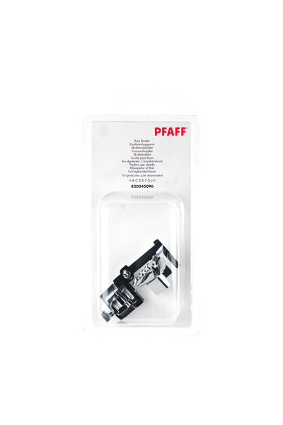 PFAFF J K L Bias Tape Fitter in its original, complete packaging, as seen from the front with the sewing foot visible