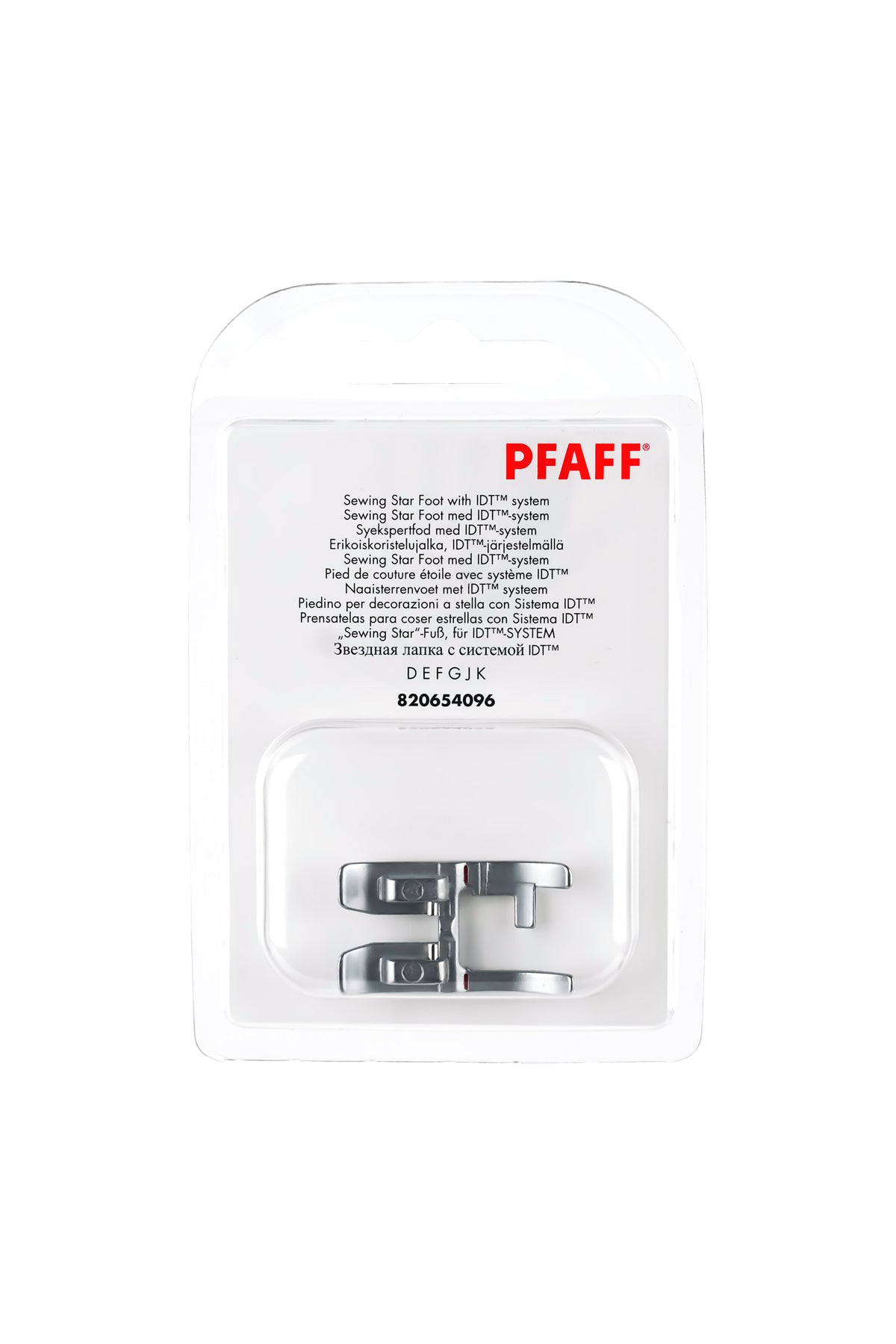 PFAFF Sewing-Star-Fuß für IDT-System J K L in vollständiger Originalverpackung von vorne mit sichtbarem Nähfuß