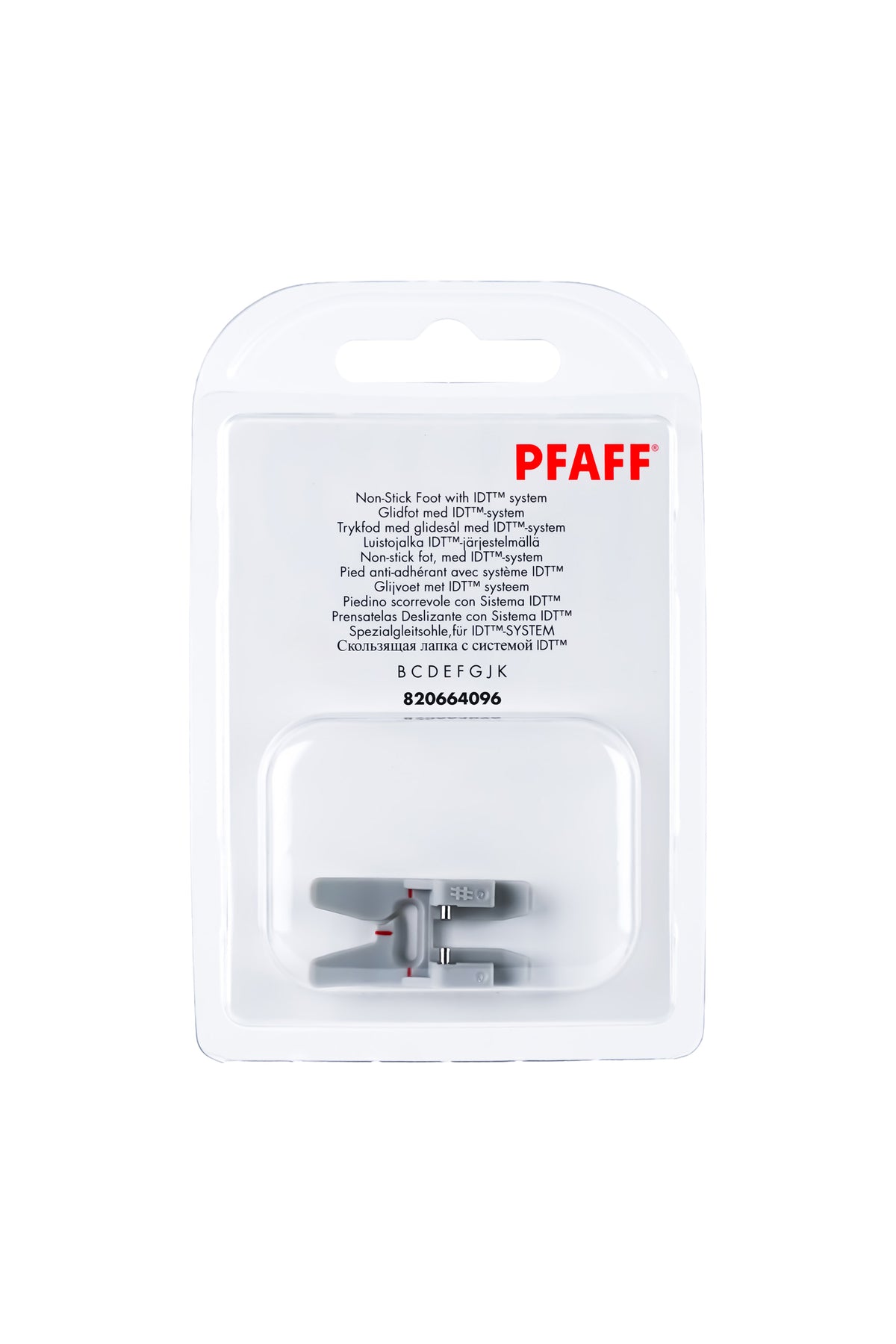 PFAFF Spezialgleitsohle für IDT-System J K L in vollständiger Originalverpackung von vorne mit sichtbarem Nähfuß