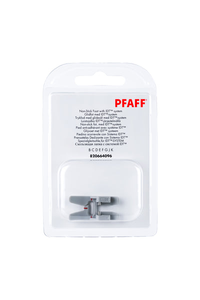 PFAFF Spezialgleitsohle für IDT-System J K L in vollständiger Originalverpackung von vorne mit sichtbarem Nähfuß