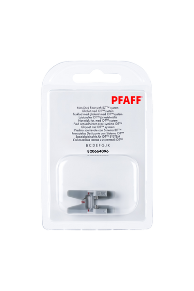PFAFF Spezialgleitsohle für IDT-System J K L in vollständiger Originalverpackung von vorne mit sichtbarem Nähfuß
