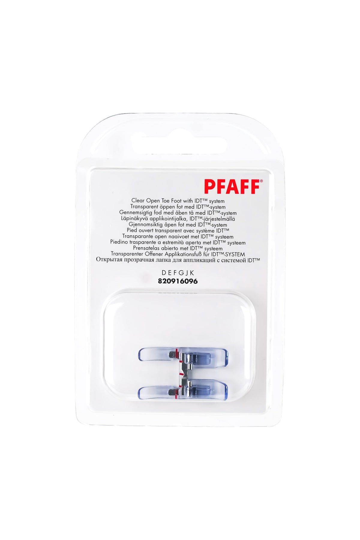 PFAFF Open applicatievoet, transparant, voor IDT™, in de volledige originele verpakking, met de naaivoet aan de voorkant zichtbaar