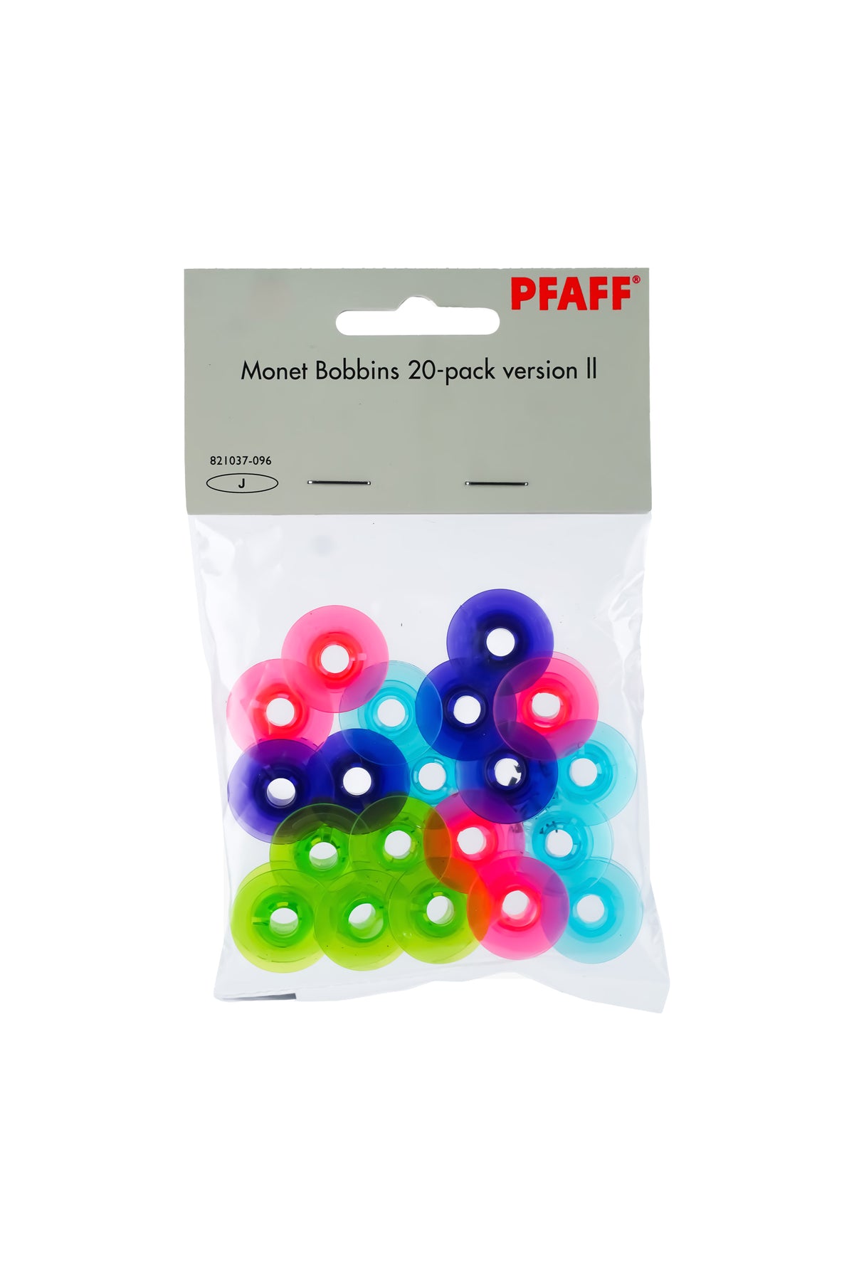 PFAFF Monet Unterspulen Version 2 für Gruppe J, 20 bunte Spulen in vollständiger Verkaufsverpackung