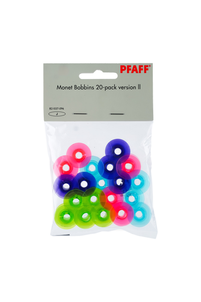 PFAFF Monet Unterspulen Version 2 für Gruppe J, 20 bunte Spulen in vollständiger Verkaufsverpackung