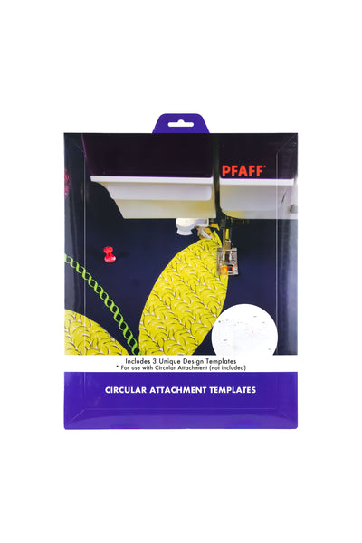 PFAFF : gabarits à compas pour les groupes J et L, dans leur emballage de vente complet avec un motif de couture imprimé