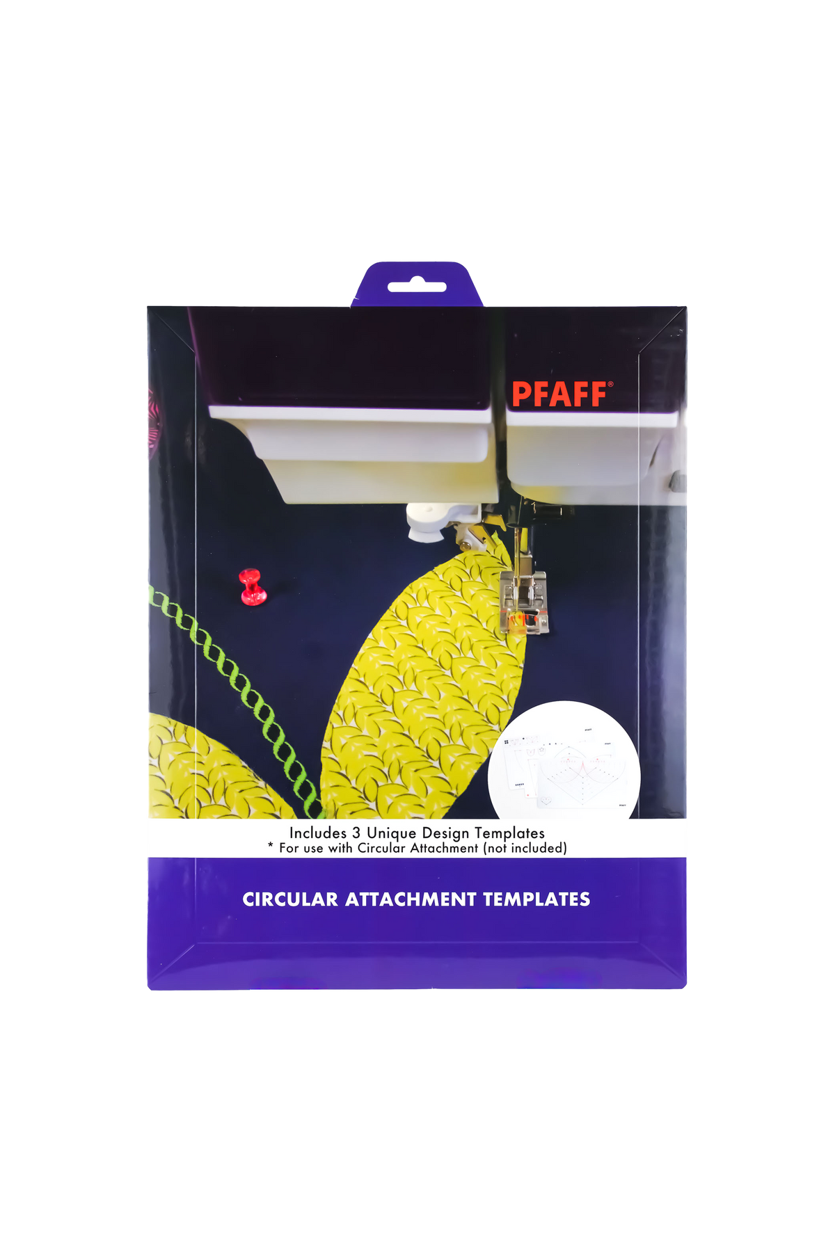 PFAFF Zirkellineal-Schablonen für Gruppen J und L in vollständiger Verkaufsverpackung mit aufgedrucktem Nähmotiv