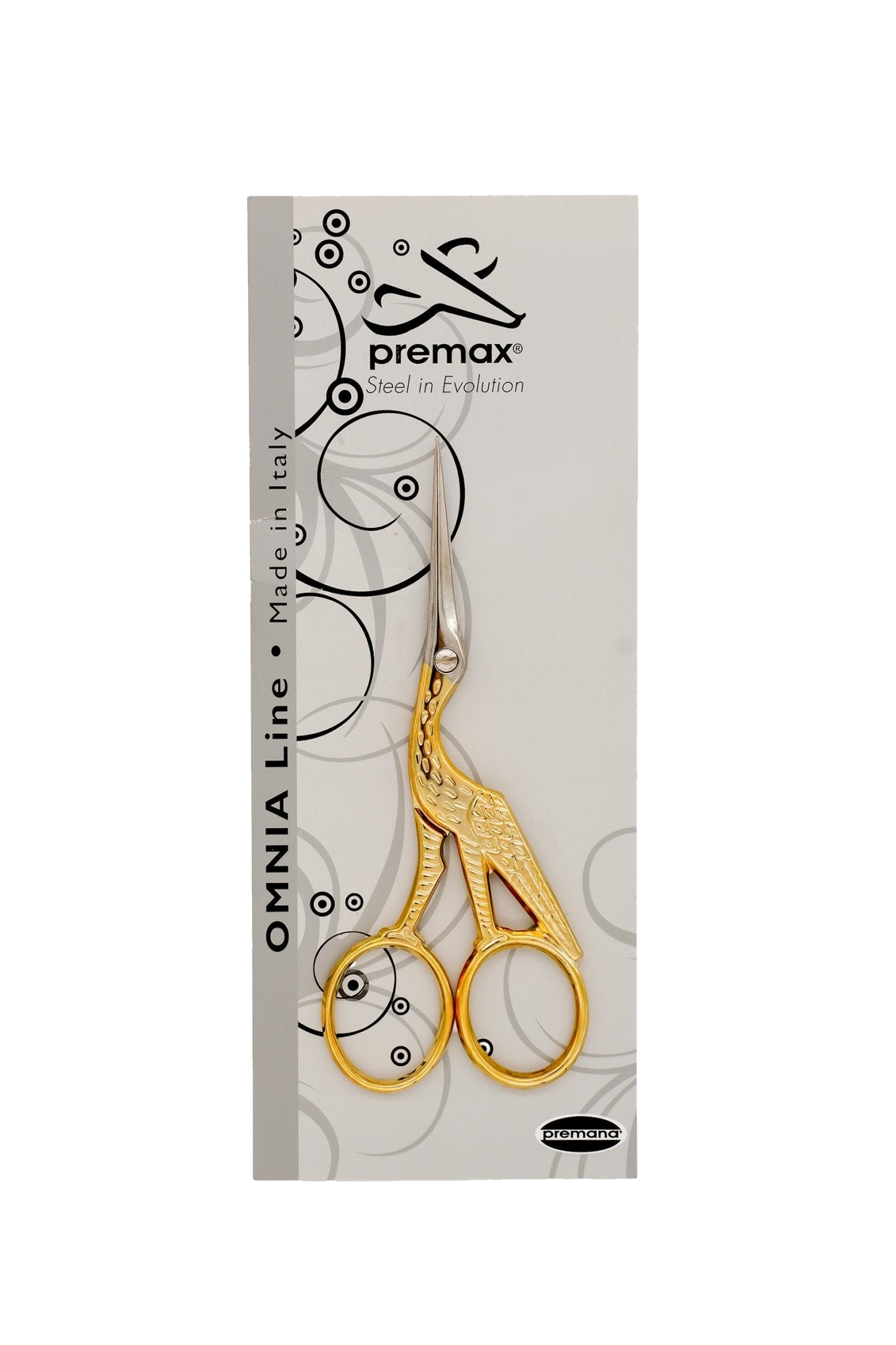 Premax goldene Stickschere Storch OmniaLine in Produktansicht