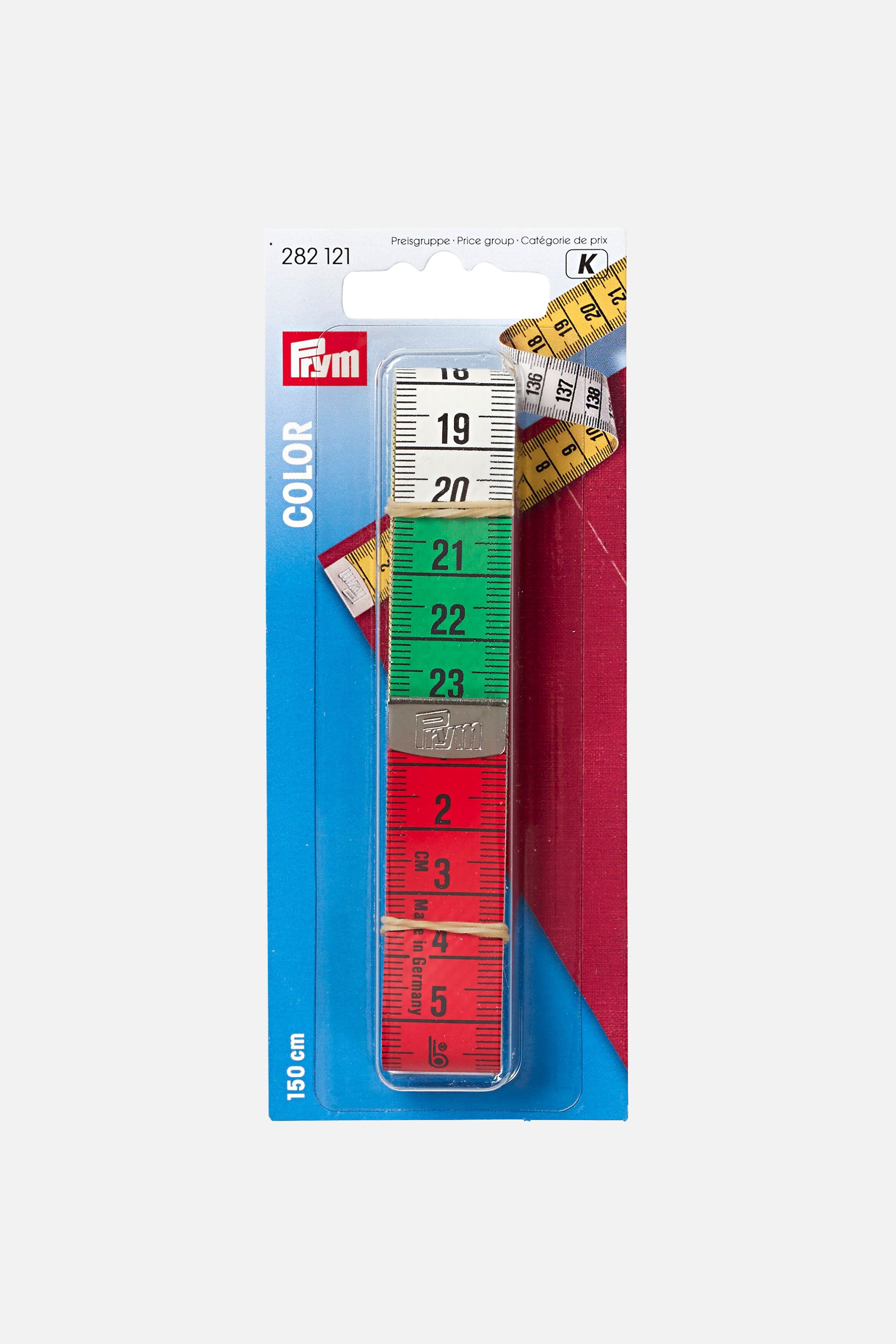Prym Maßband „Color“ (150 cm) in Blisterverpackung, farbig segmentierte Zentimeterskala (rot/weiß/grün) mit Metallklemme.