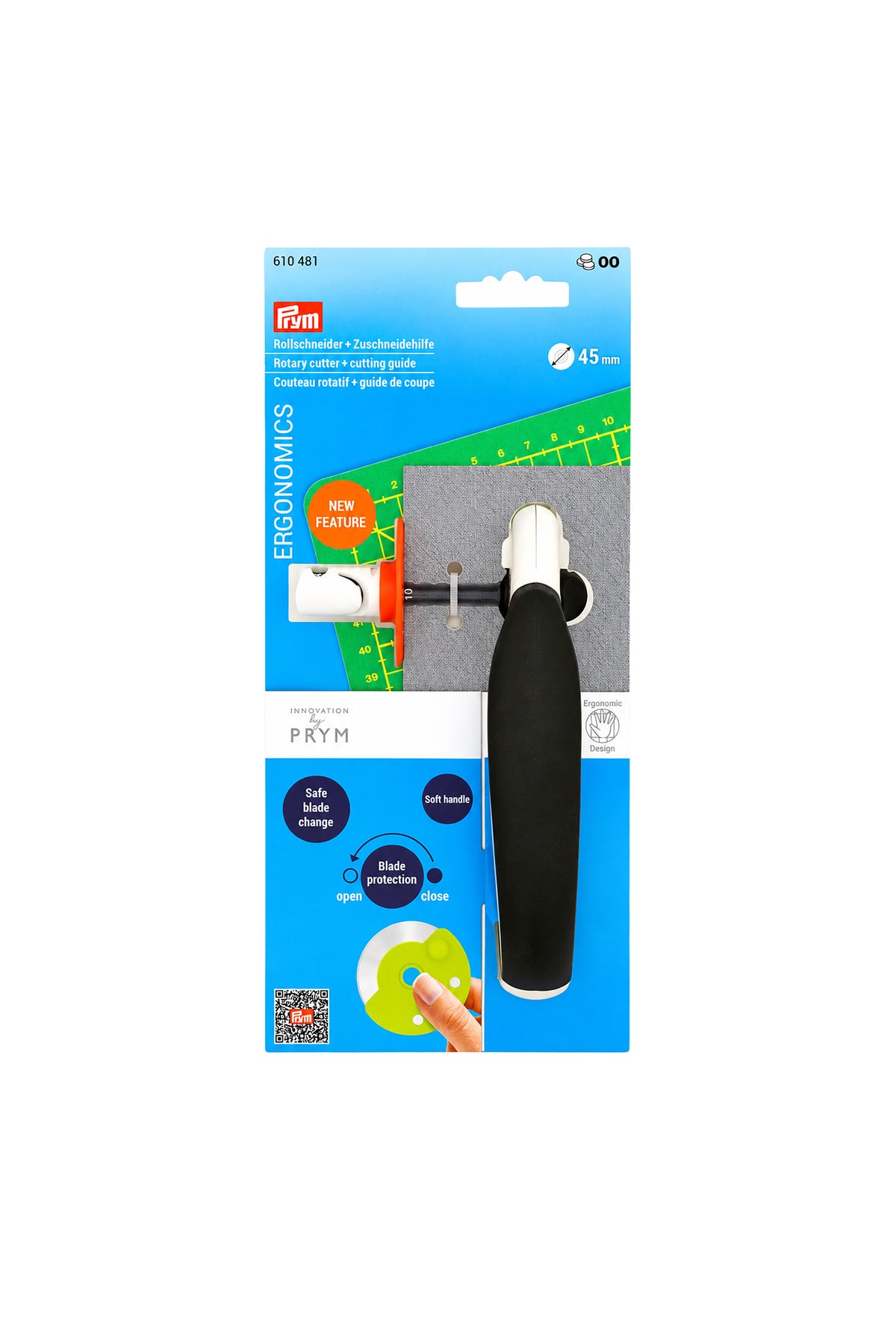 PRYM Rollschneider Ergonomics 45 mm mit Zuschneidehilfe – Verpackungsvorderseite
