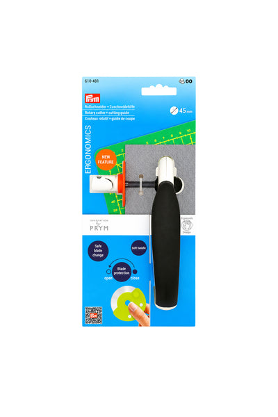 PRYM Rollschneider Ergonomics 45 mm mit Zuschneidehilfe – Verpackungsvorderseite