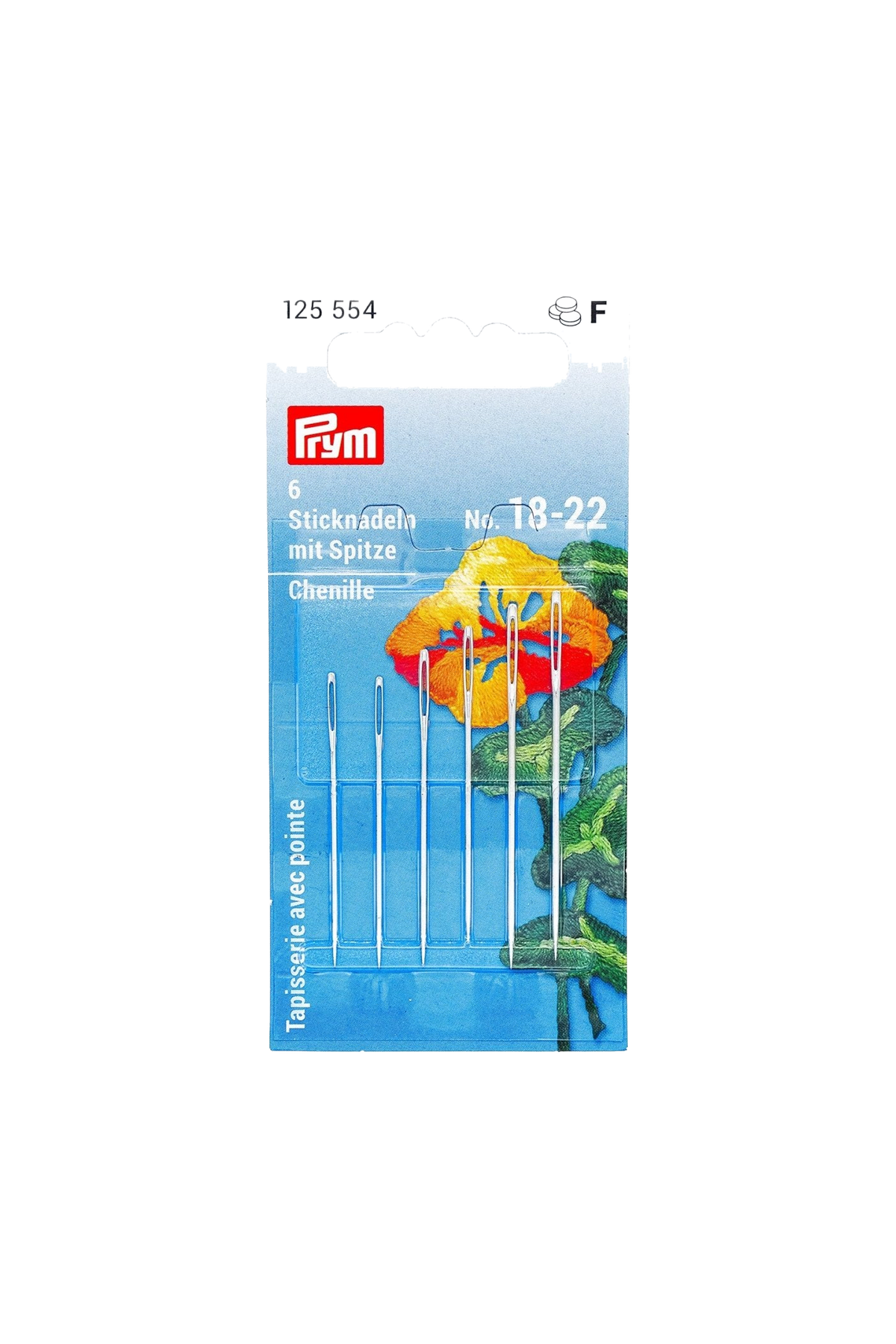 PRYM Sticknadeln mit Spitze für Handstickerei (Nr. 18-22) in vollständiger Produktansicht, in Adobe Photoshop freigestellt ohne Schatten