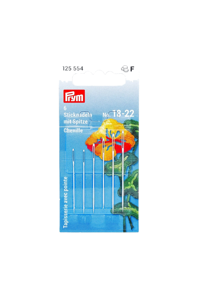PRYM Sticknadeln mit Spitze für Handstickerei (Nr. 18-22) in vollständiger Produktansicht, in Adobe Photoshop freigestellt ohne Schatten