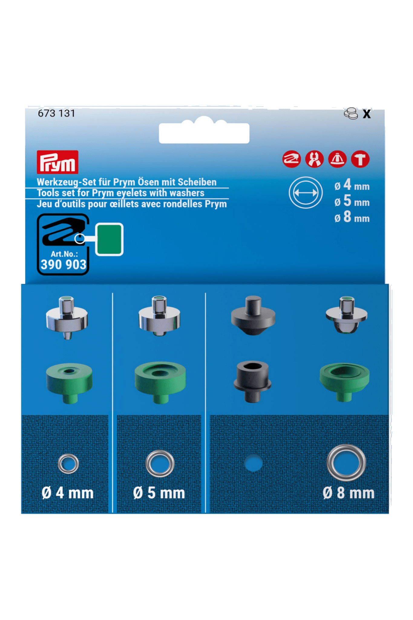 Prym Werkzeug-Set 673131 für Ösen mit Scheiben in 4, 5 und 8 mm.
