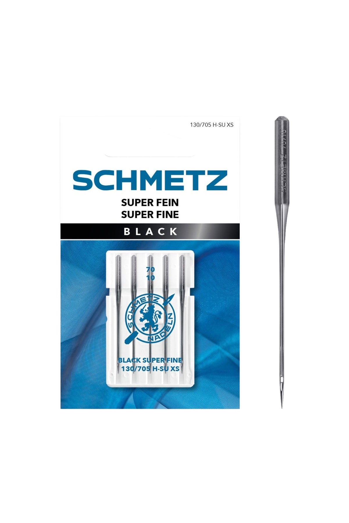 SCHMETZ Black Super Fein-Nadel 70 in vollständiger Frontansicht der Verpackung mit freigestellter Euroloch-Aussparung