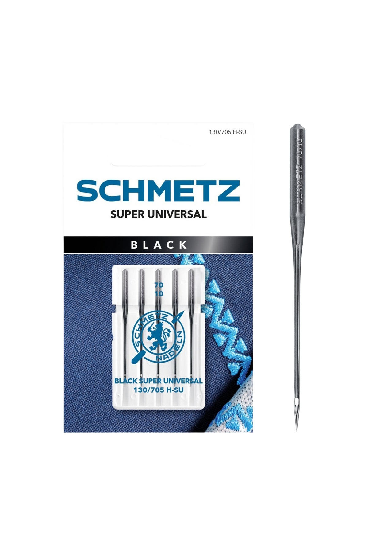 SCHMETZ Black Super Universal-Nadel – 70 & 80 in vollständiger Frontansicht der Verpackung mit freigestellter Euroloch-Aussparung