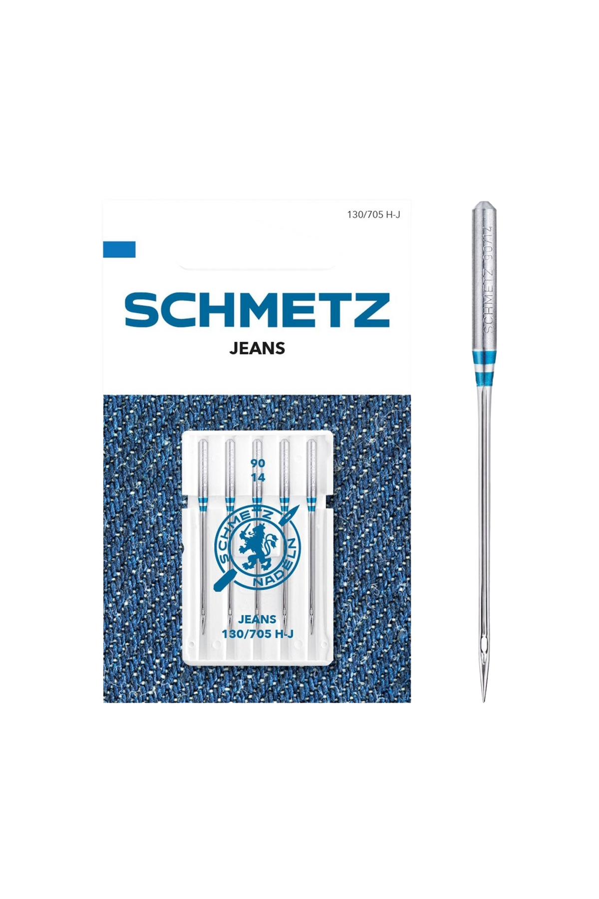 Schmetz Jeans / System 130 / 705 H-J in vollständiger Frontansicht der Verpackung mit freigestellter Euroloch-Aussparung