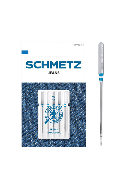 Schmetz Jeans / System 130 / 705 H-J in vollständiger Frontansicht der Verpackung mit freigestellter Euroloch-Aussparung