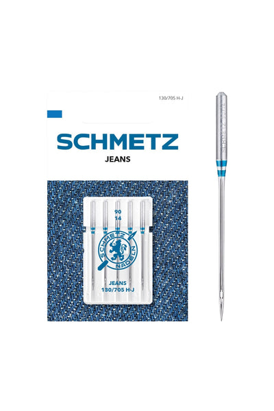 Schmetz Jeans / System 130 / 705 H-J, full front view of the packaging with the Euro-hole cutout highlighted