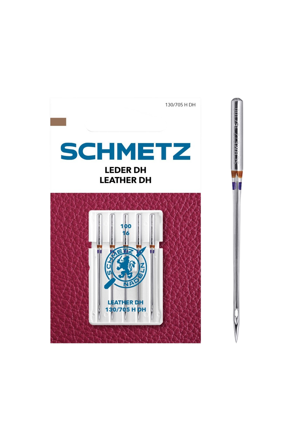 Schmetz Leder-Nadel Stärke 100 / System 130 / 705 H-DH in vollständiger Frontansicht der Verpackung mit freigestellter Euroloch-Aussparung