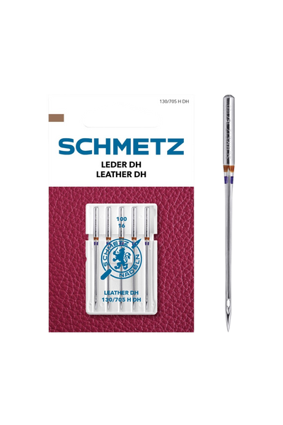 Schmetz Leder-Nadel Stärke 100 / System 130 / 705 H-DH in vollständiger Frontansicht der Verpackung mit freigestellter Euroloch-Aussparung