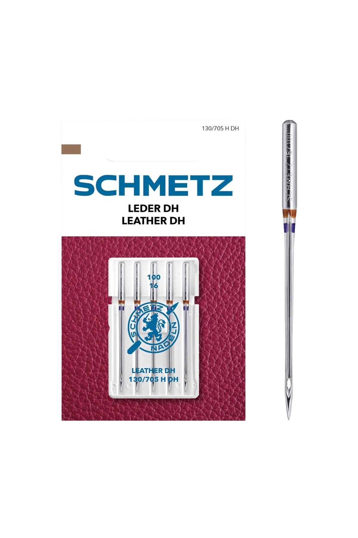 Schmetz Leder-Nadel Stärke 100 / System 130 / 705 H-DH in vollständiger Frontansicht der Verpackung mit freigestellter Euroloch-Aussparung