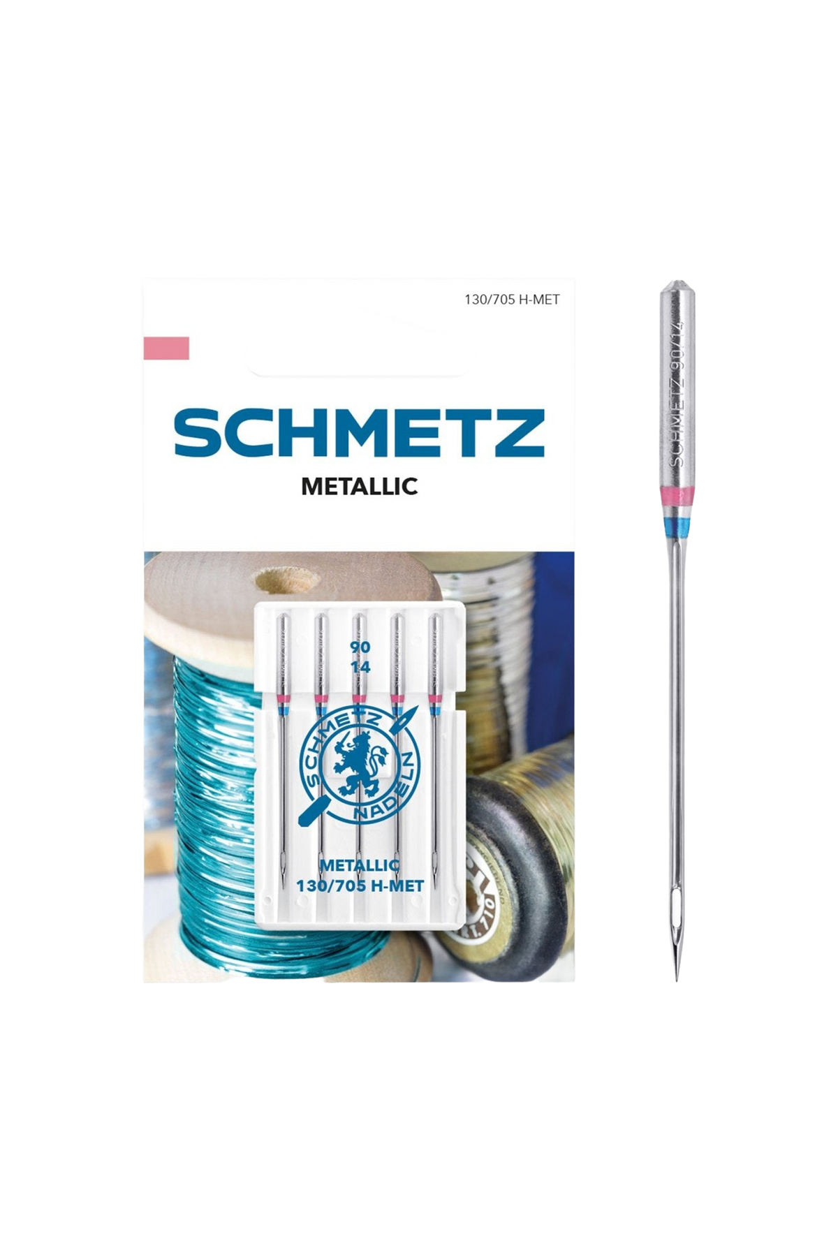 Schmetz Metallic-Nadel Stärke 90 / System 130 / 705 H-MET in vollständiger Frontansicht der Verpackung mit freigestellter Euroloch-Aussparung
