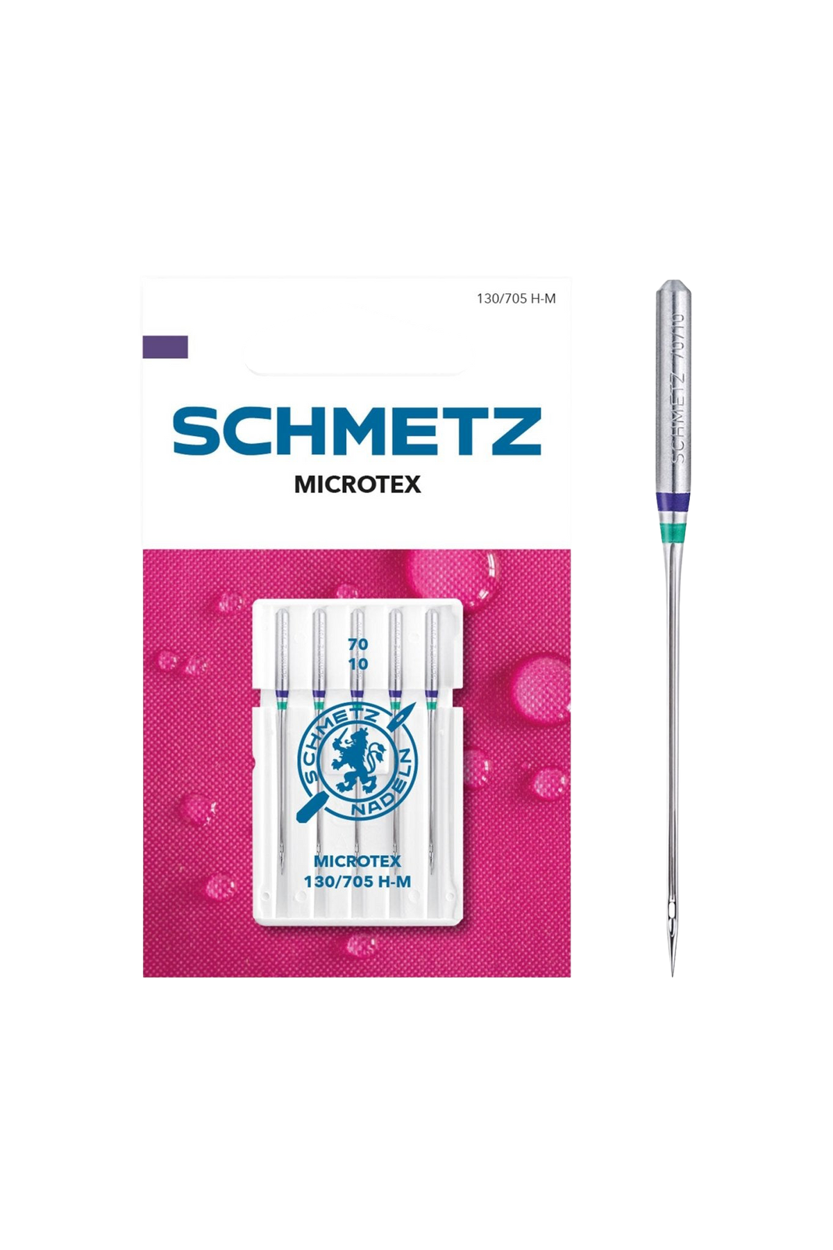 Schmetz Microtex / System 130 / 705 H-M in vollständiger Frontansicht der Verpackung mit freigestellter Euroloch-Aussparung