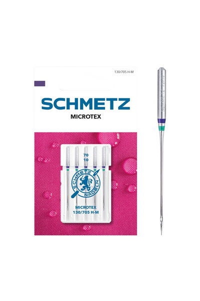 Schmetz Microtex / System 130 / 705 H-M in vollständiger Frontansicht der Verpackung mit freigestellter Euroloch-Aussparung