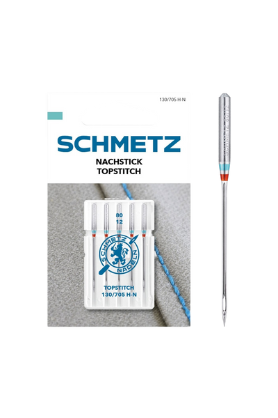 Schmetz Nachstick-Nadel Stärke 80 / System 130 / 705 H-N in vollständiger Frontansicht der Verpackung mit freigestellter Euroloch-Aussparung