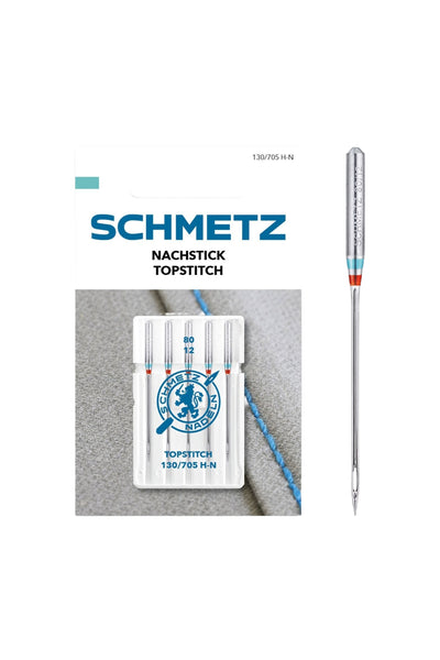 Schmetz Nachstick-Nadel Stärke 80 / System 130 / 705 H-N in vollständiger Frontansicht der Verpackung mit freigestellter Euroloch-Aussparung