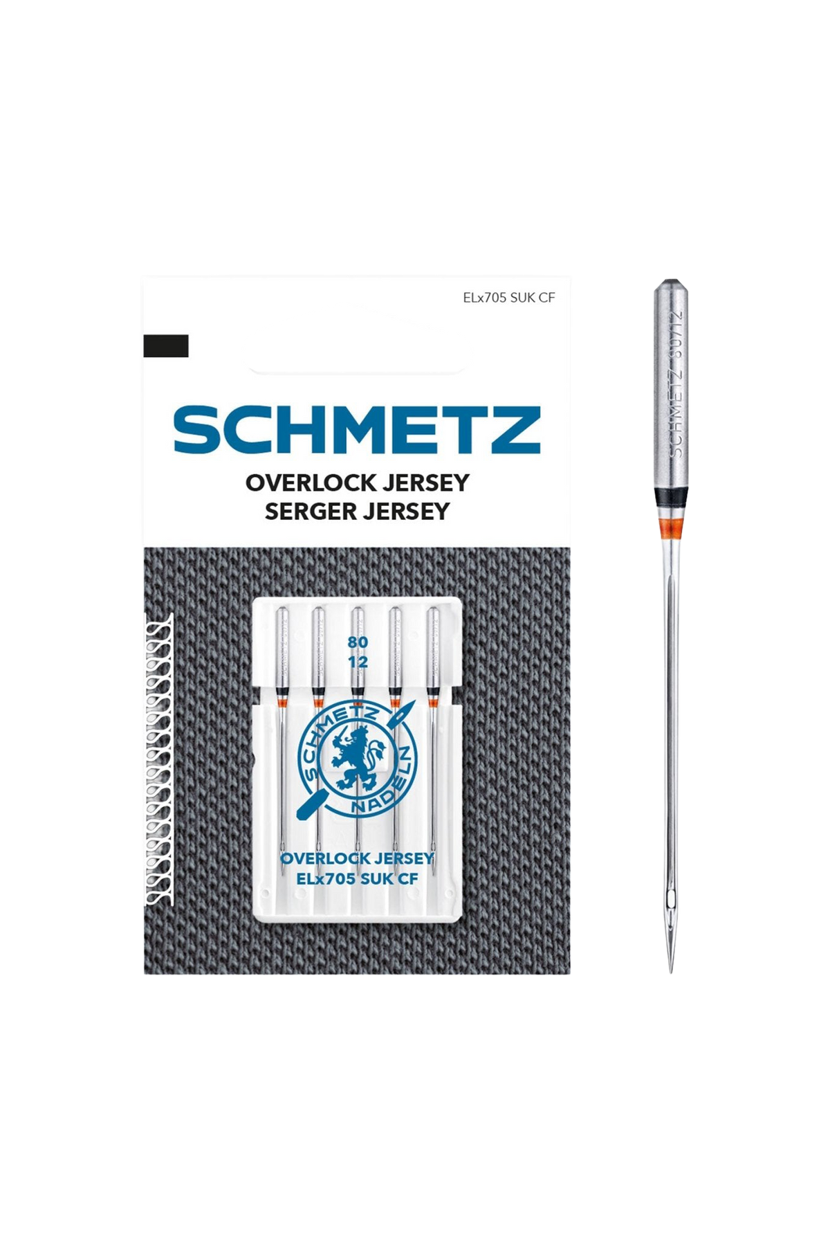 SCHMETZ Overlock Jersey-Nadel 80 in vollständiger Frontansicht der Verpackung mit freigestellter Euroloch-Aussparung