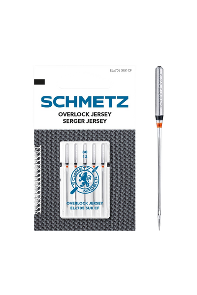 SCHMETZ Overlock Jersey-Nadel 80 in vollständiger Frontansicht der Verpackung mit freigestellter Euroloch-Aussparung