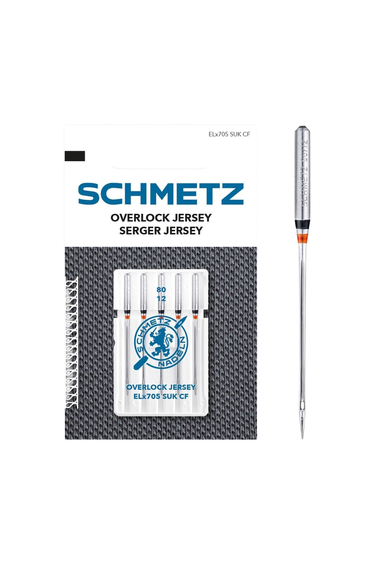 SCHMETZ Overlock Jersey-Nadel 80 in vollständiger Frontansicht der Verpackung mit freigestellter Euroloch-Aussparung