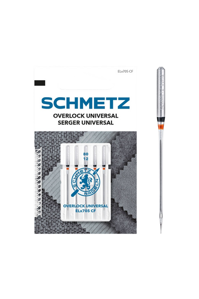 SCHMETZ Overlock Universal-Nadel 80 in vollständiger Frontansicht der Verpackung mit freigestellter Euroloch-Aussparung