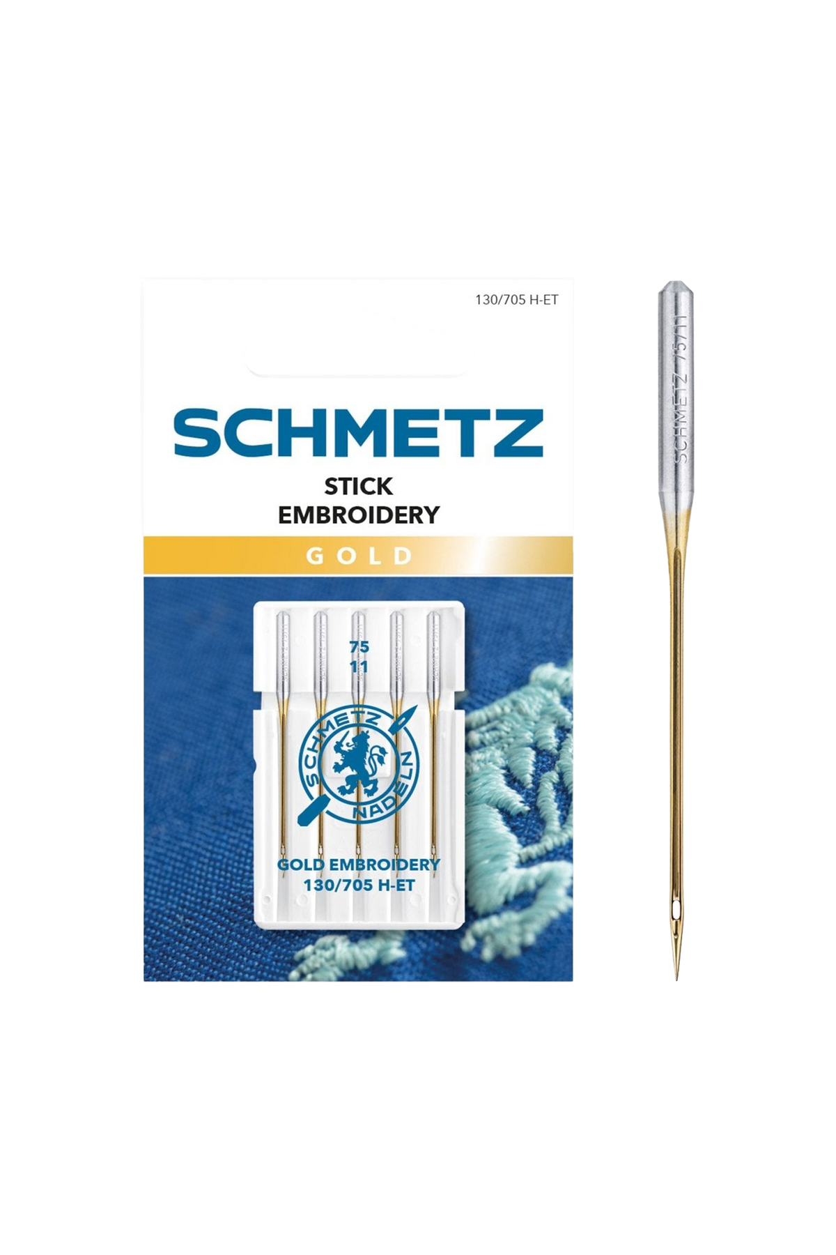 Schmetz Stick-Nadel GOLD | System 130 / 705 H-ET in vollständiger Frontansicht der Verpackung mit freigestellter Euroloch-Aussparung