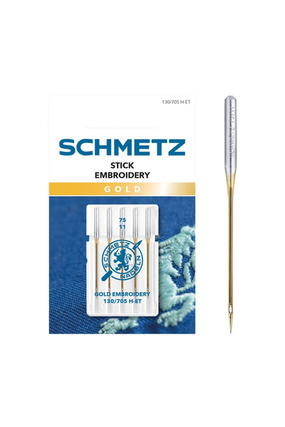 Schmetz Stick-Nadel GOLD | System 130 / 705 H-ET in vollständiger Frontansicht der Verpackung mit freigestellter Euroloch-Aussparung