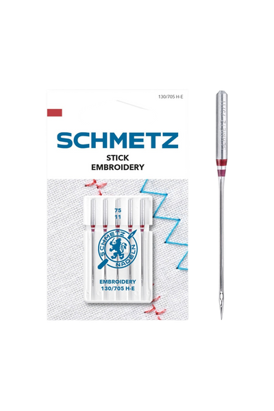 Schmetz Stick-Nadel Stärke 75 / System 130 / 705 H-E in vollständiger Frontansicht der Verpackung mit freigestellter Euroloch-Aussparung
