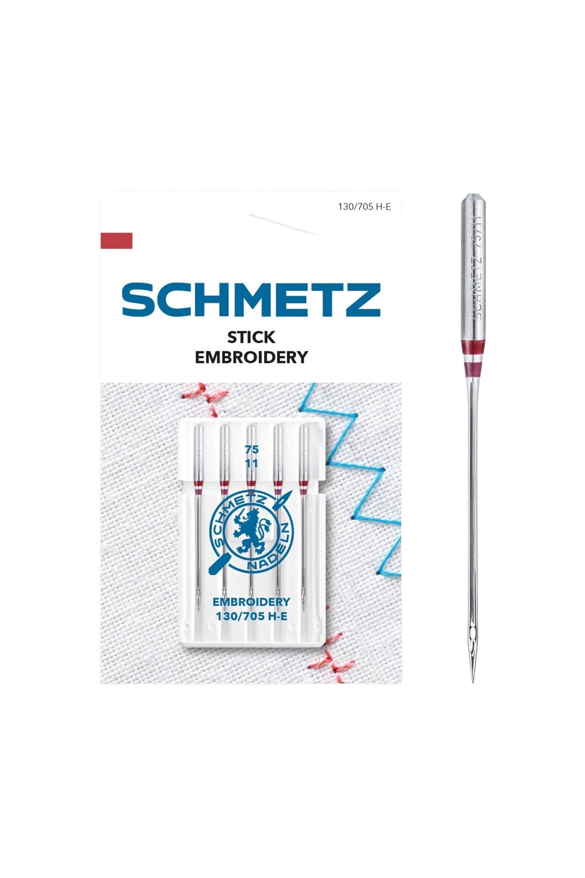 Schmetz Stick-Nadel Stärke 75 / System 130 / 705 H-E in vollständiger Frontansicht der Verpackung mit freigestellter Euroloch-Aussparung